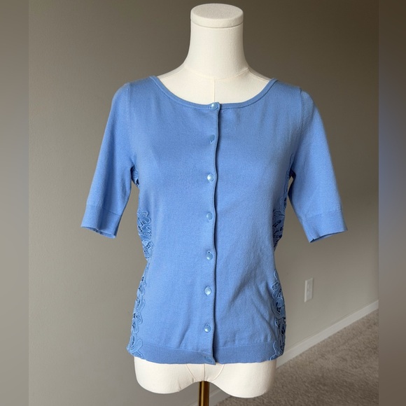 Talbots Lace Pima Cotton Blue Button-Down Elegant Cardigan Top-XS - Picture 2 of 14